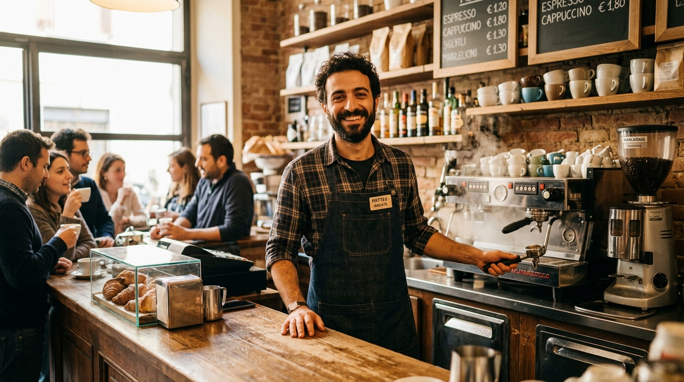 Smiling business owner with background music playing, no PRO fees